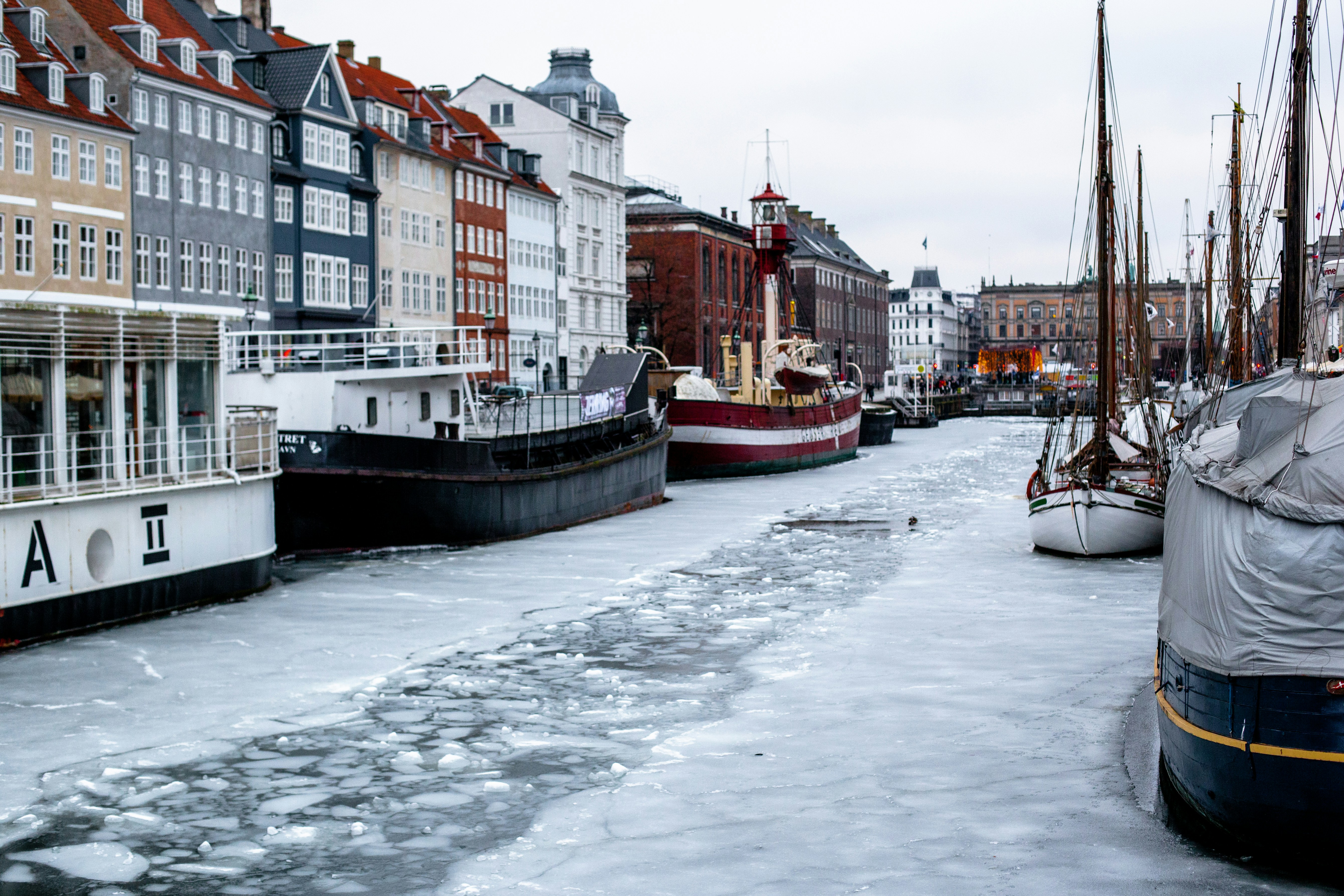 Boats in the frozen harbor of Copenhagen