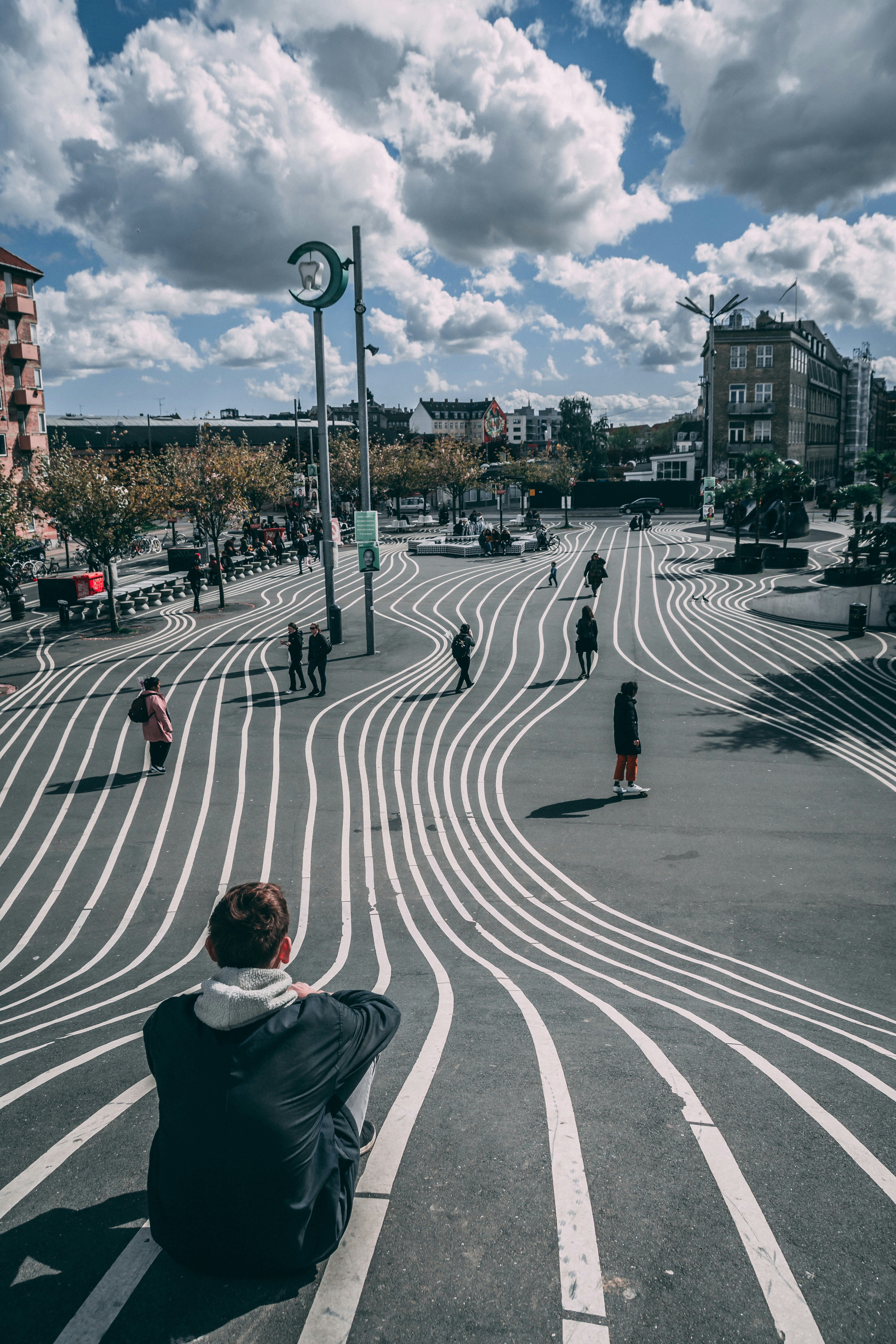 Unique street in Copenhagen with lines painted on the ground